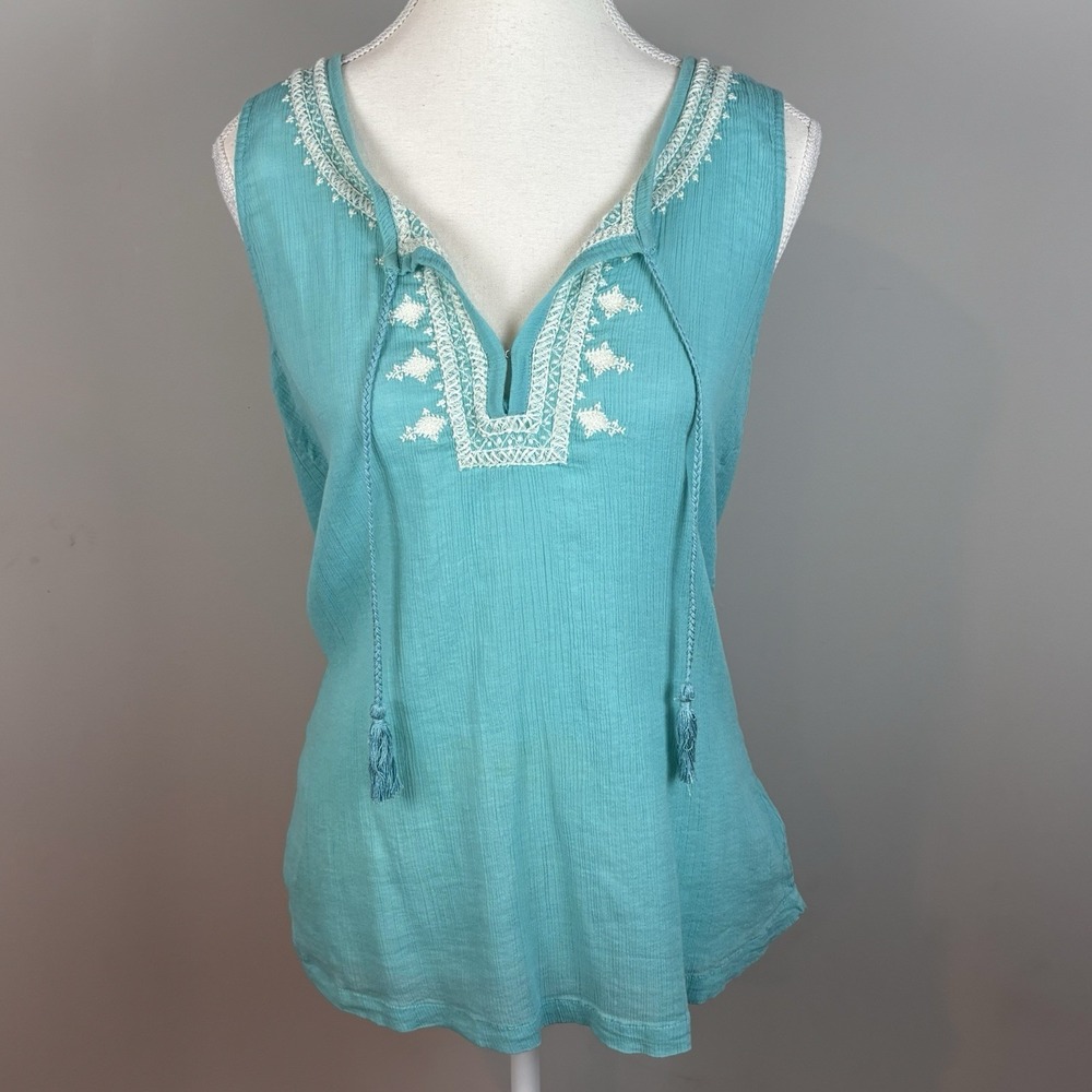 Banana Republic Women's Baby Blue Gauzy Embroidered Boho Peasant Top Y2K Large